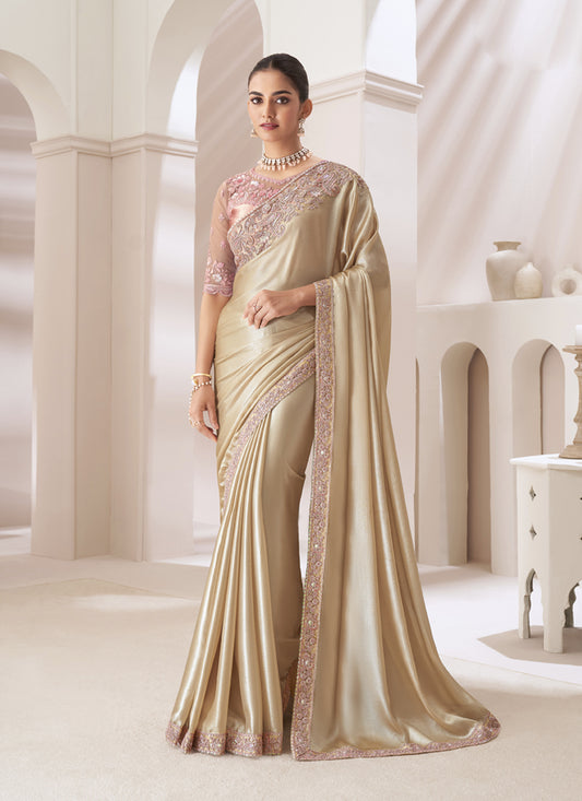 Cream Embroidered Saree with Designer Blouse