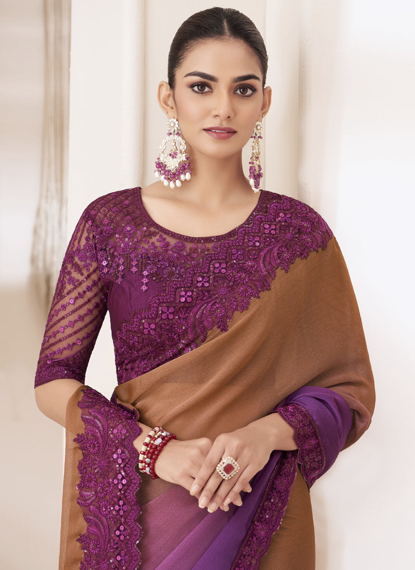 Magenta and Bronze Brown Embroidered Saree with Designer Blouse