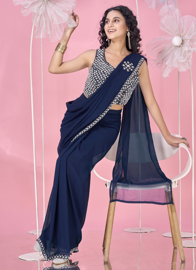 Navy Blue Embellished Motif Ready to Wear Saree