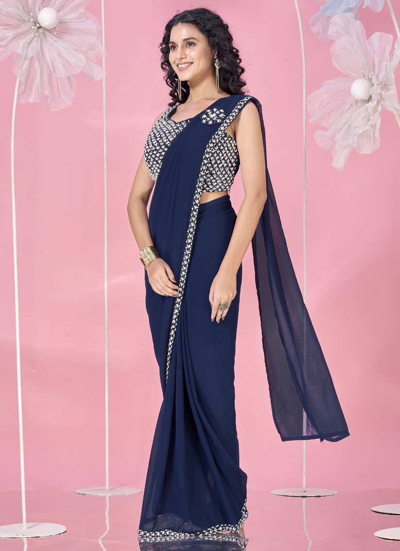 Navy Blue Embellished Motif Ready to Wear Saree