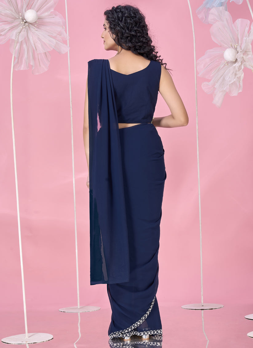 Navy Blue Embellished Motif Ready to Wear Saree