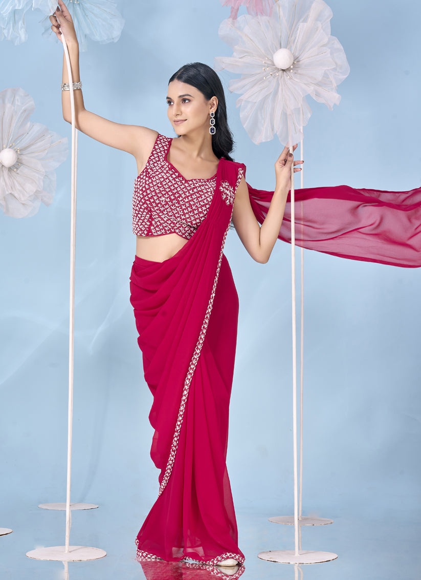 Magenta Embellished Motif Ready to Wear Saree