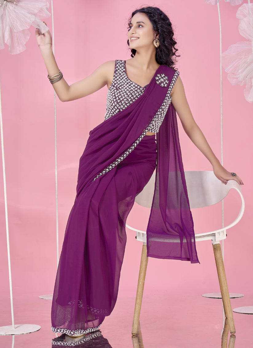 Burnt Burgundy Embellished Motif Ready to Wear Saree