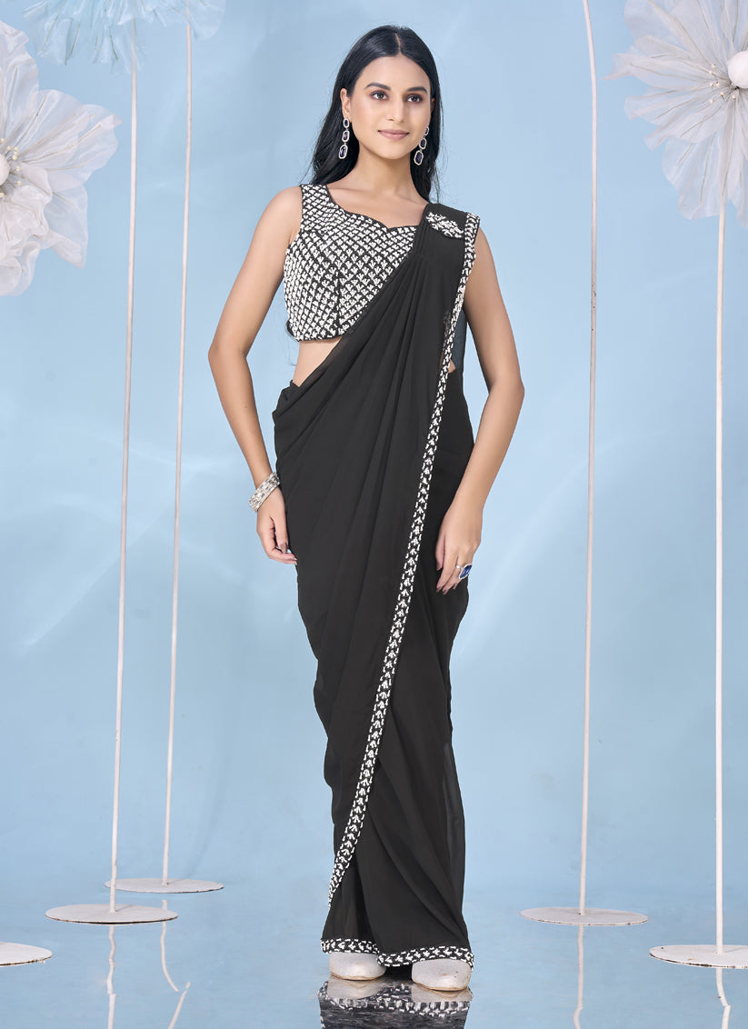 Black Embellished Motif Ready to Wear Saree