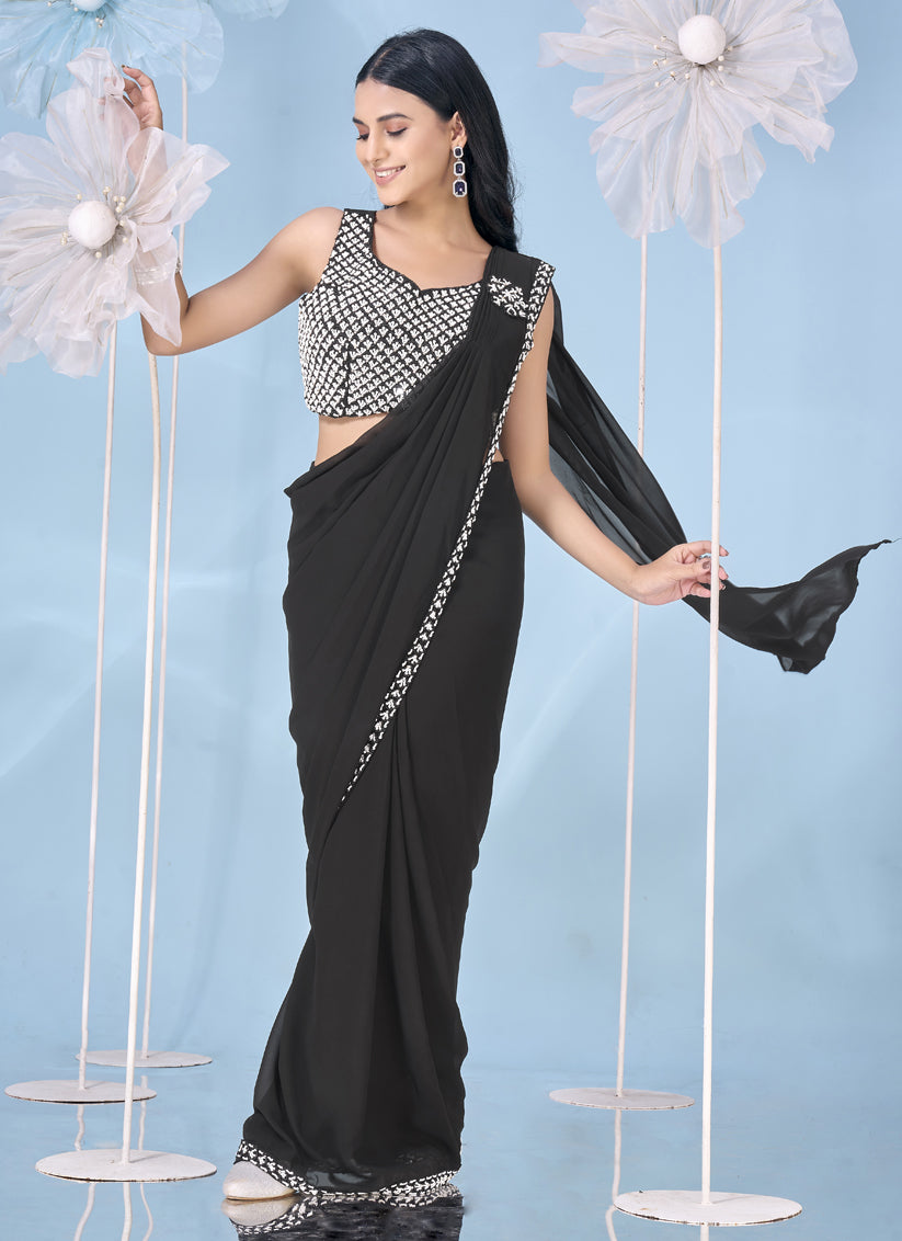 Black Embellished Motif Ready to Wear Saree