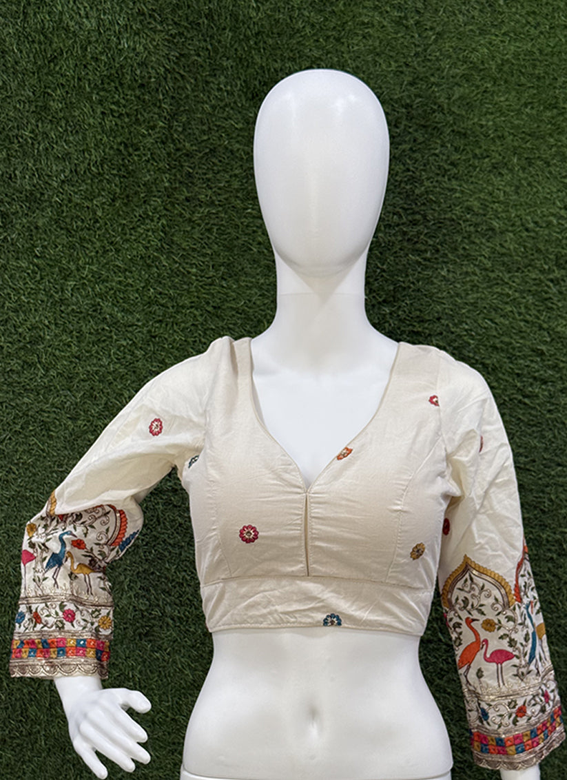 Cream Cotton Embroidered Readymade Blouse