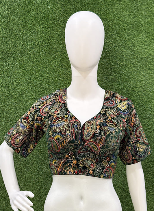 Bottle Green  velvet Heavy Embroidery readymade blouse