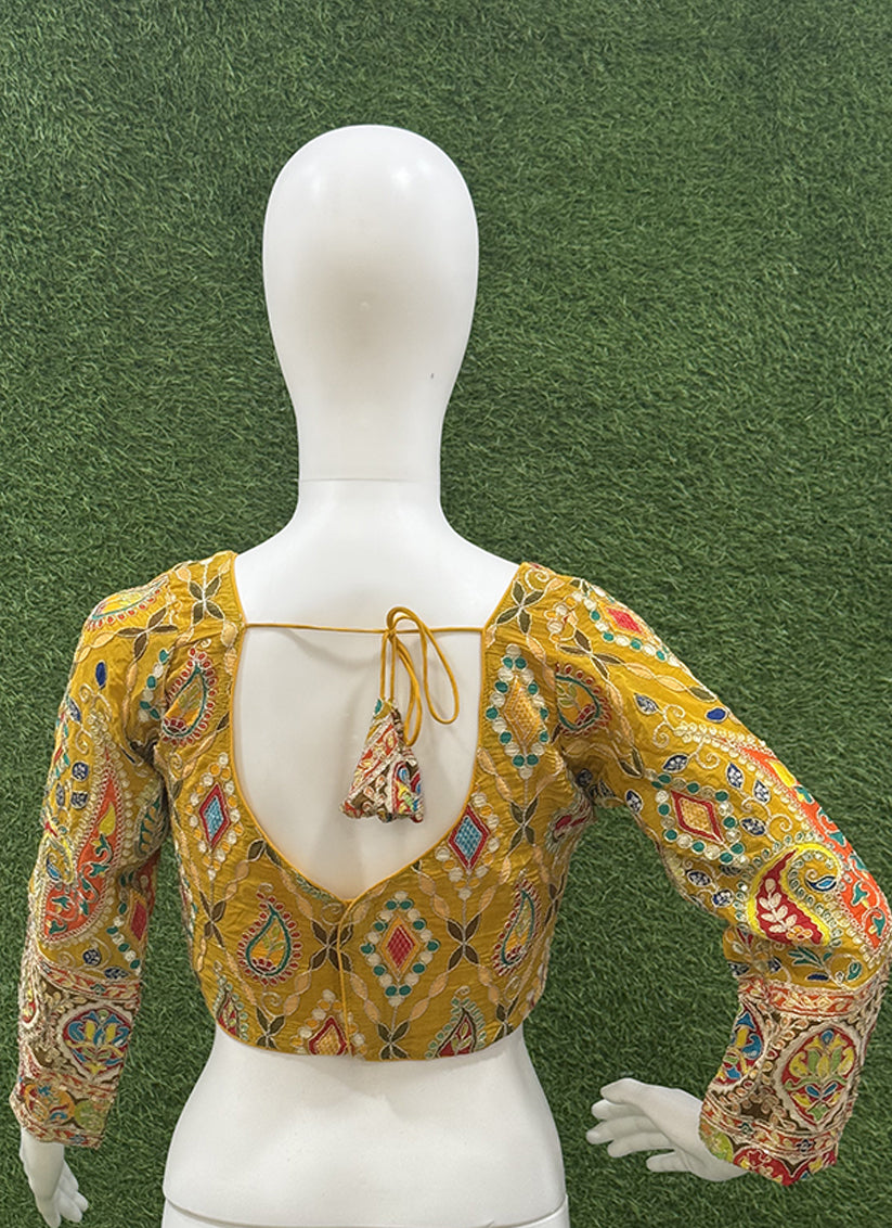 Yellow chiffon Heavy Embroidery readymade blouse