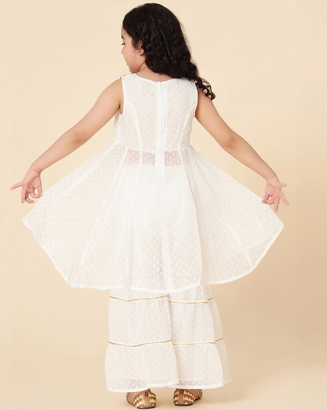 Off White Floral Embroidered Girls Sharara Suit
