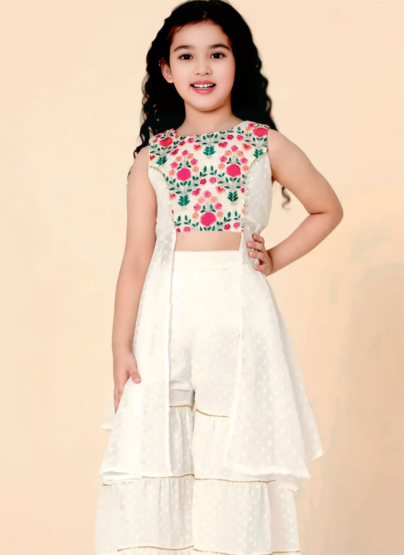 Off White Floral Embroidered Girls Sharara Suit
