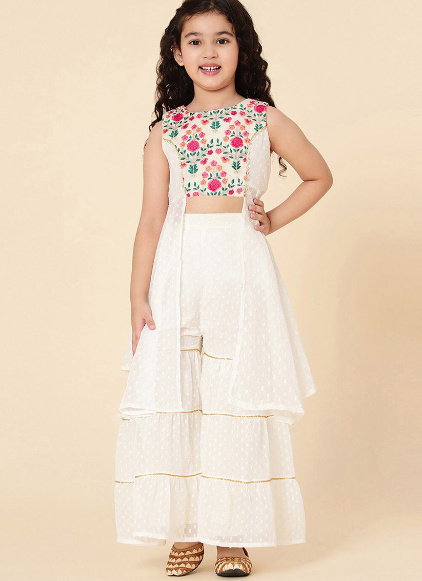 Off White Floral Embroidered Girls Sharara Suit