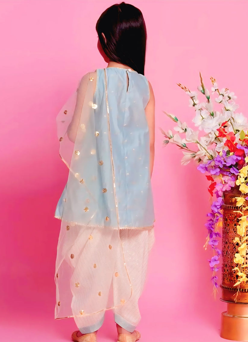 Pista Green Embroidered Girls Kurta with Dhoti and Dupatta