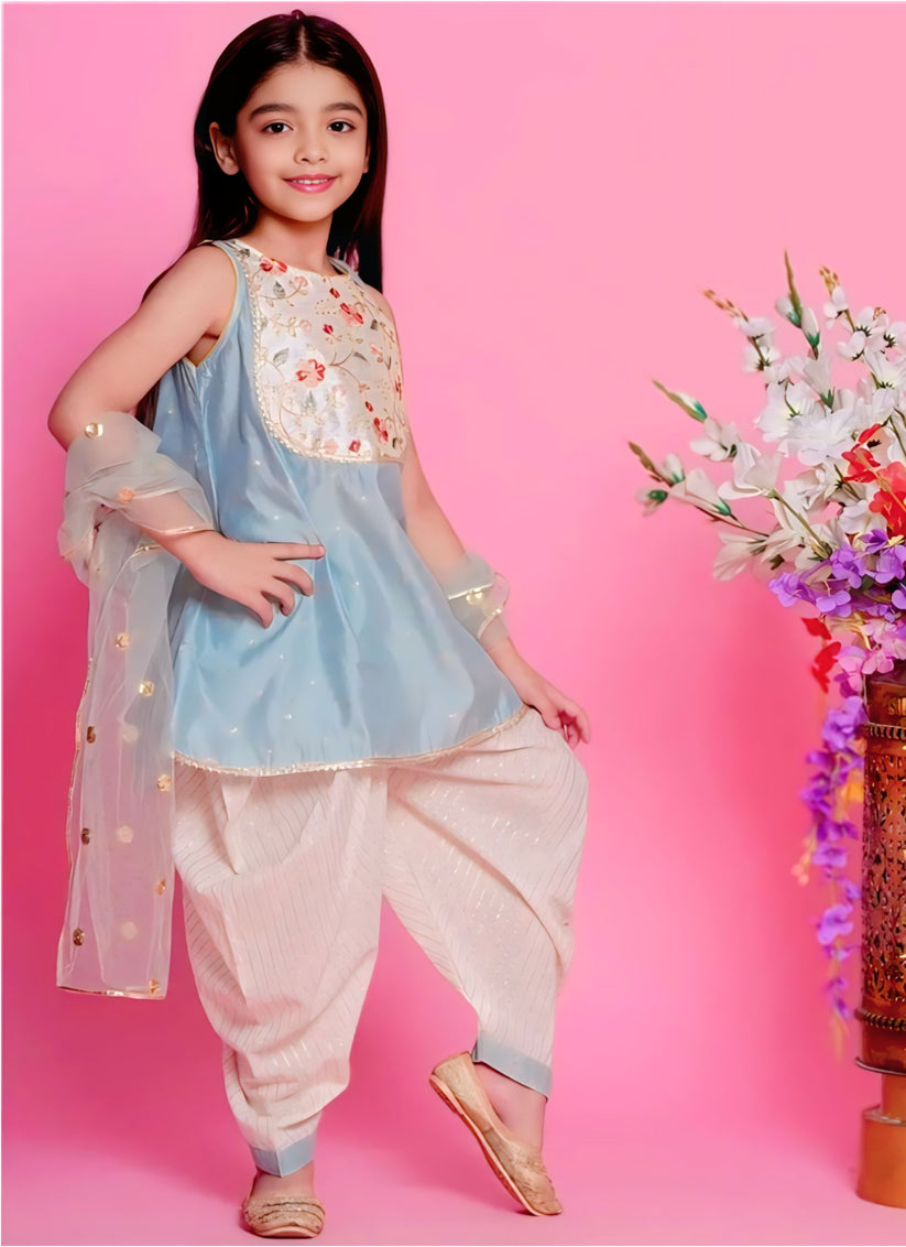 Pista Green Embroidered Girls Kurta with Dhoti and Dupatta