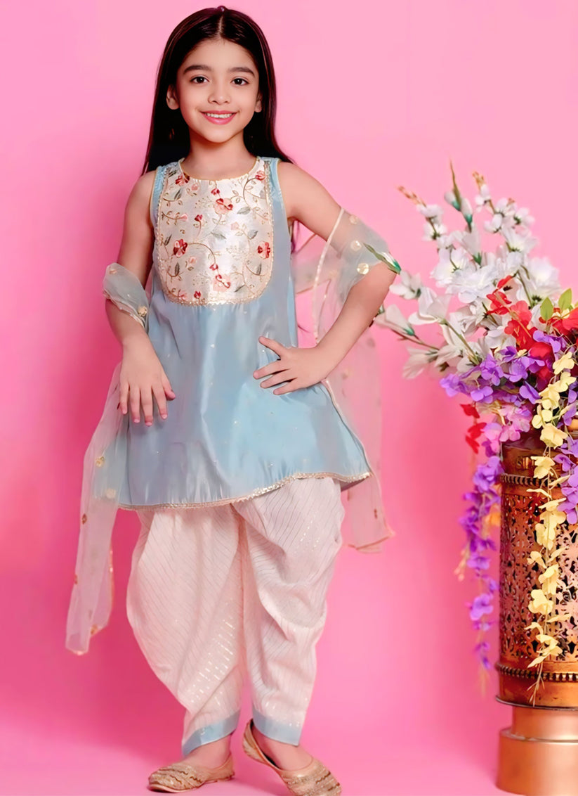Pista Green Embroidered Girls Kurta with Dhoti and Dupatta