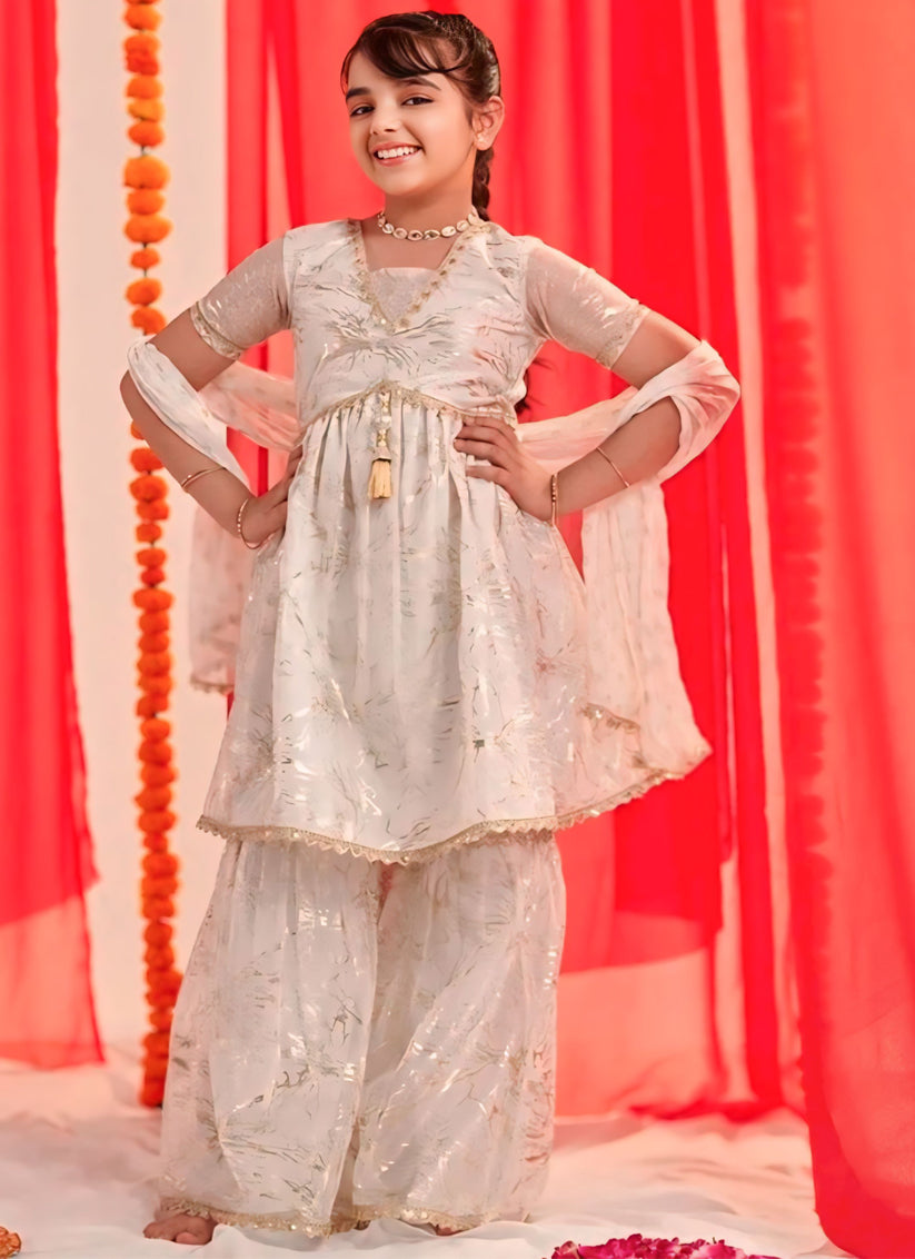 White Foil Print Girls Kurta with Sharara and Duptta
