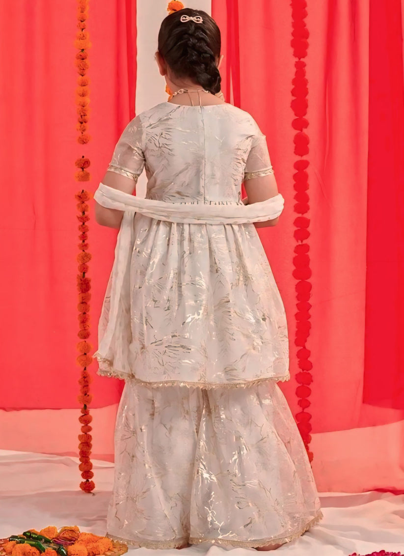 White Foil Print Girls Kurta with Sharara and Duptta