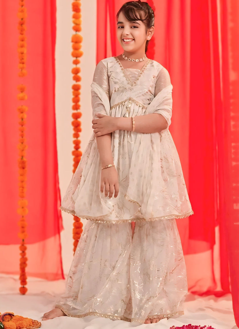 White Foil Print Girls Kurta with Sharara and Duptta