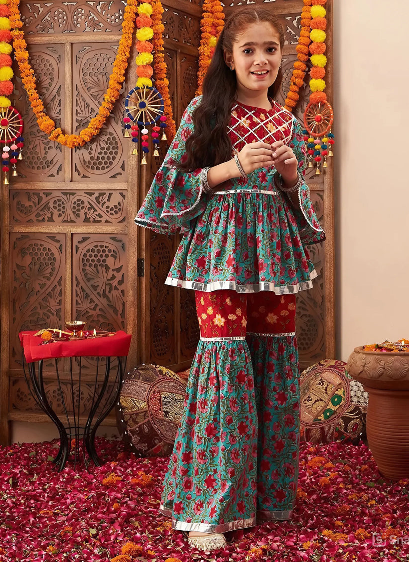 Turquoise Floral Print Cotton Girls Sharara Suit