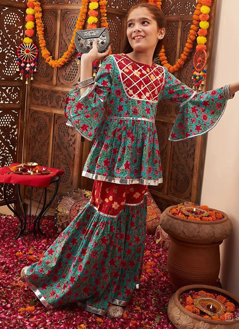 Turquoise Floral Print Cotton Girls Sharara Suit