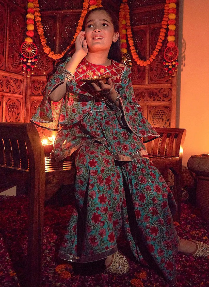 Turquoise Floral Print Cotton Girls Sharara Suit