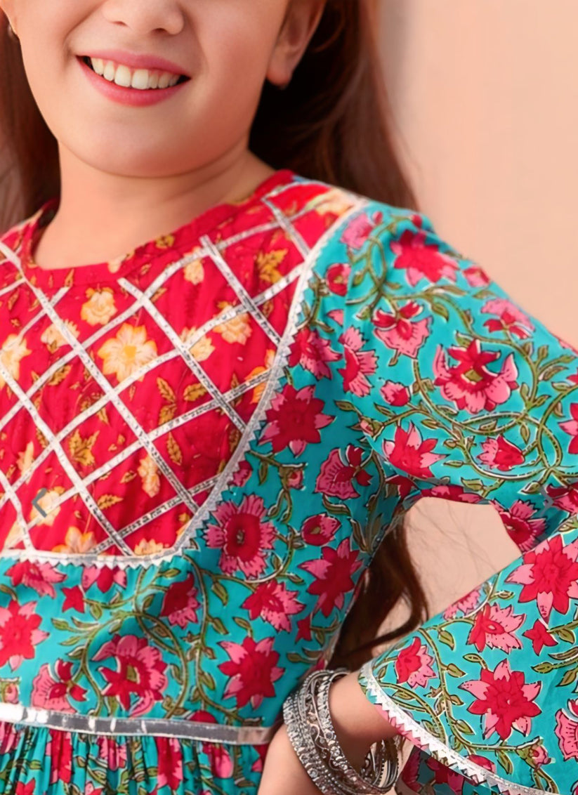 Turquoise Floral Print Cotton Girls Sharara Suit