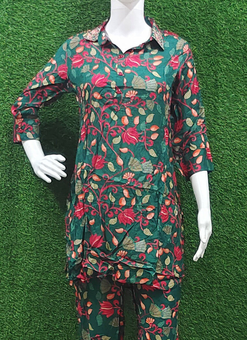Green Cotton Printed Silk Co Ord Set
