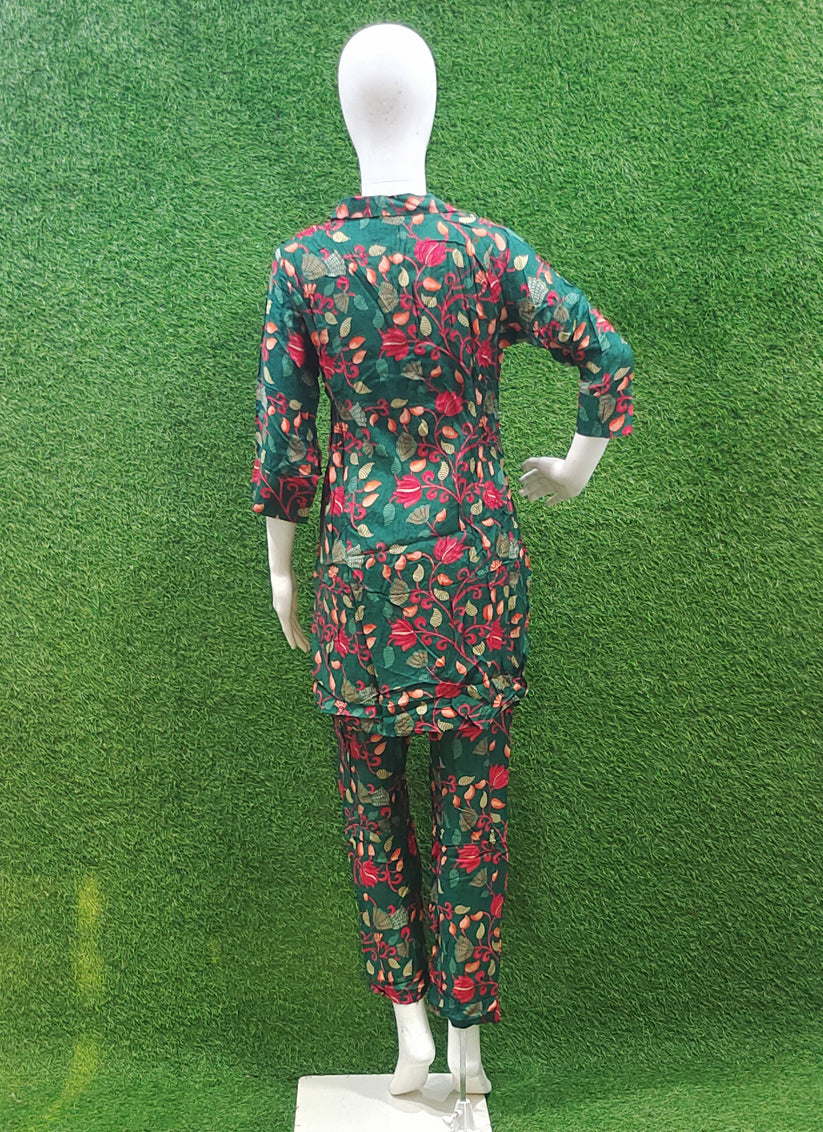 Green Cotton Printed Silk Co Ord Set