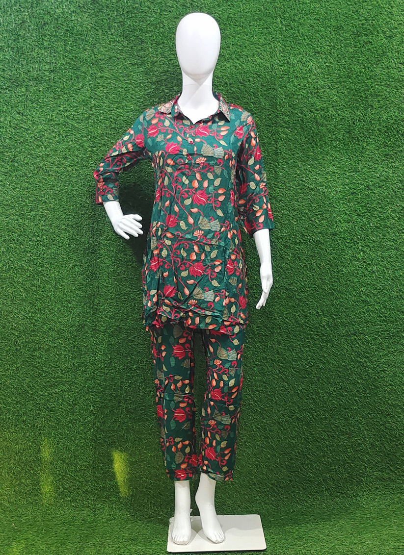 Green Cotton Printed Silk Co Ord Set
