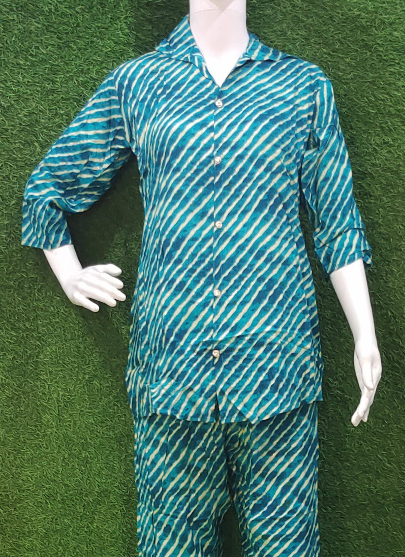 Turquoise Cotton Silk Printed Co Ord Set