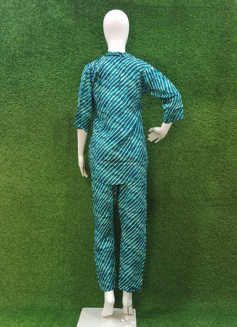 Turquoise Cotton Silk Printed Co Ord Set