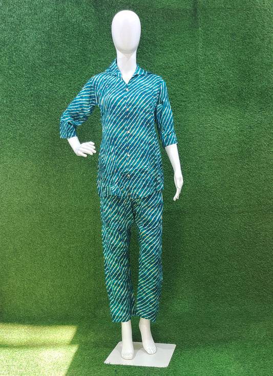 Turquoise Cotton Silk Printed Co Ord Set