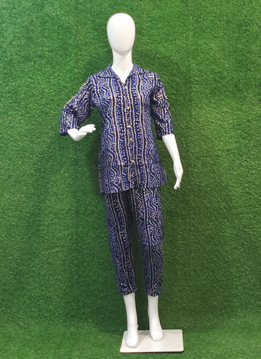 Blue Cotton Bandhni Print Co Ord Set