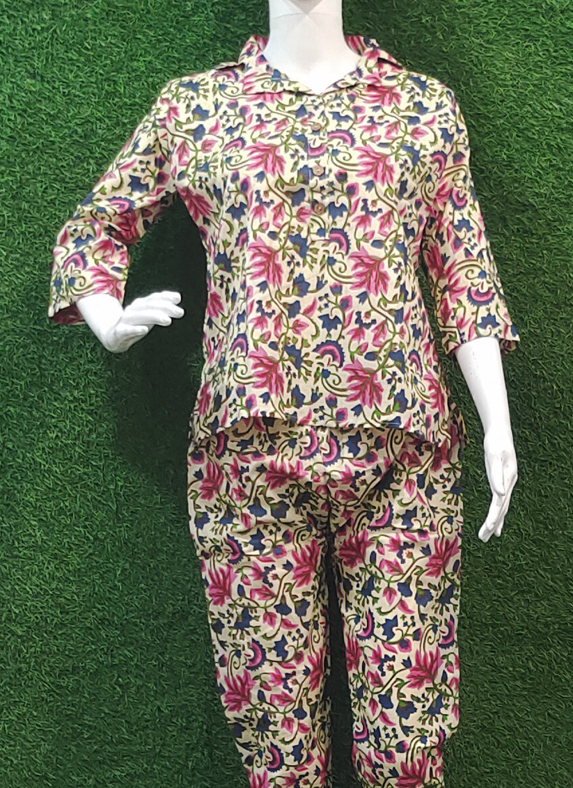 Beige Linen Cotton Printed  Co Ord Set