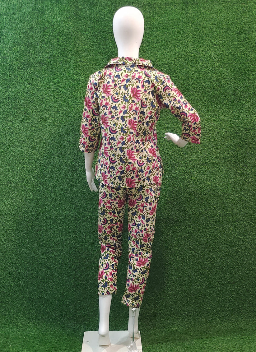 Beige Linen Cotton Printed Co Ord Set