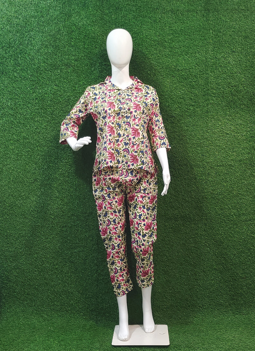 Beige Linen Cotton Printed  Co Ord Set