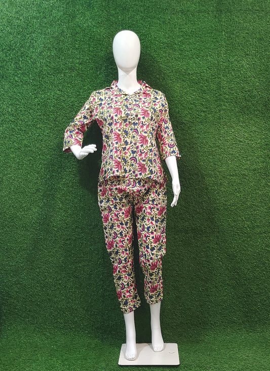 Beige Linen Cotton Printed  Co Ord Set