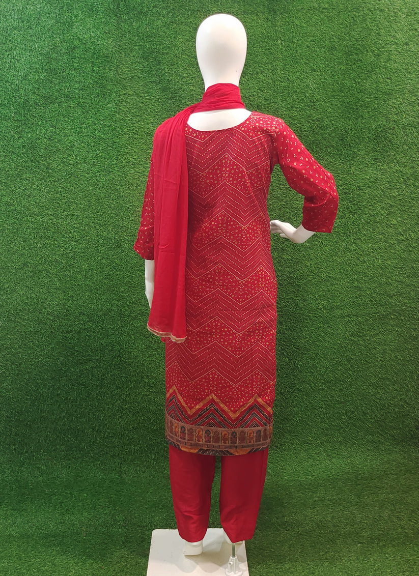 Red Rayon Bandhani Print Salwar Suit