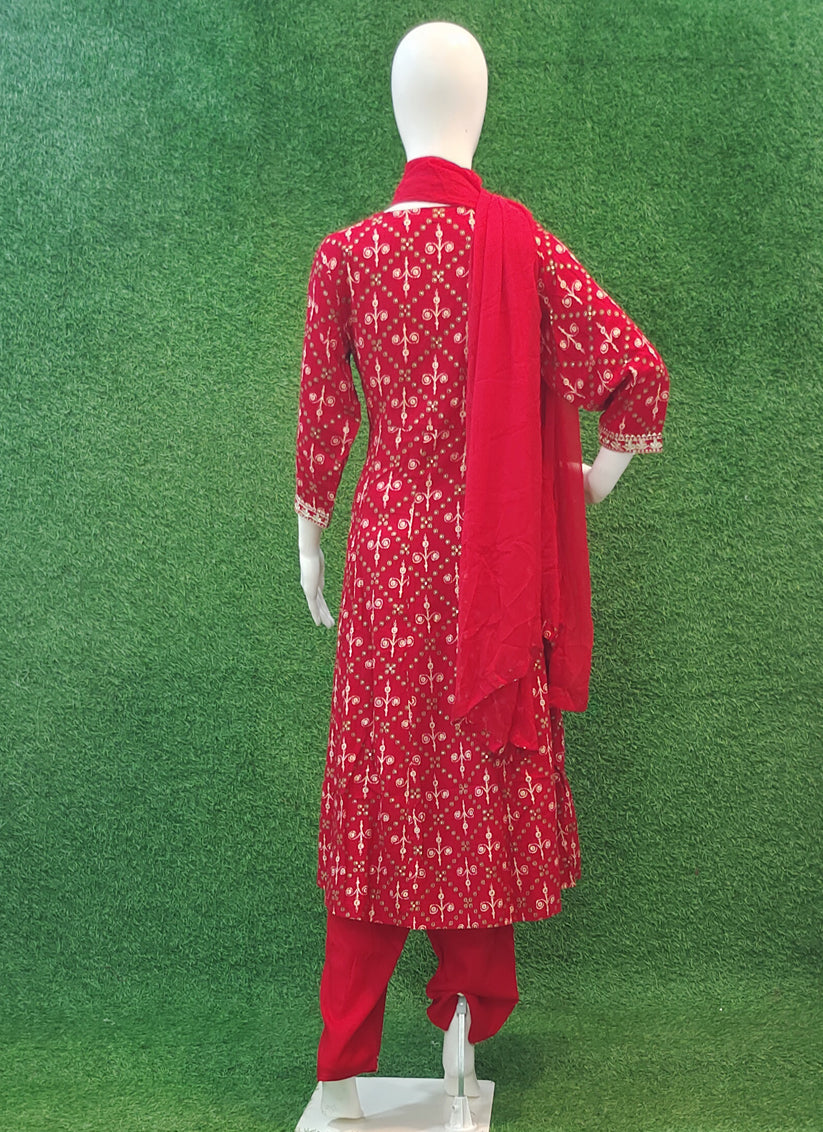 Red Rayon Anarkali Style Salwar Suit