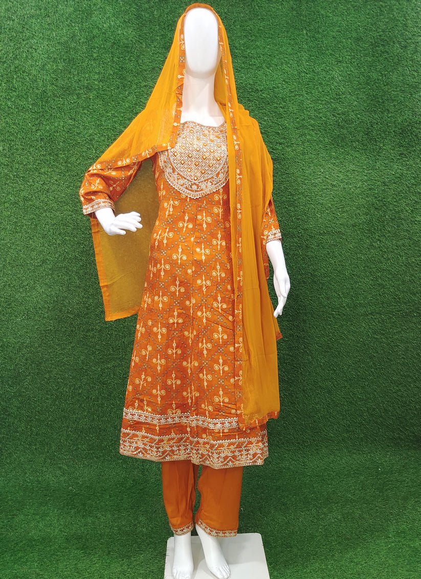 Golden Yellow Rayon Anarkali Style Salwar Suit