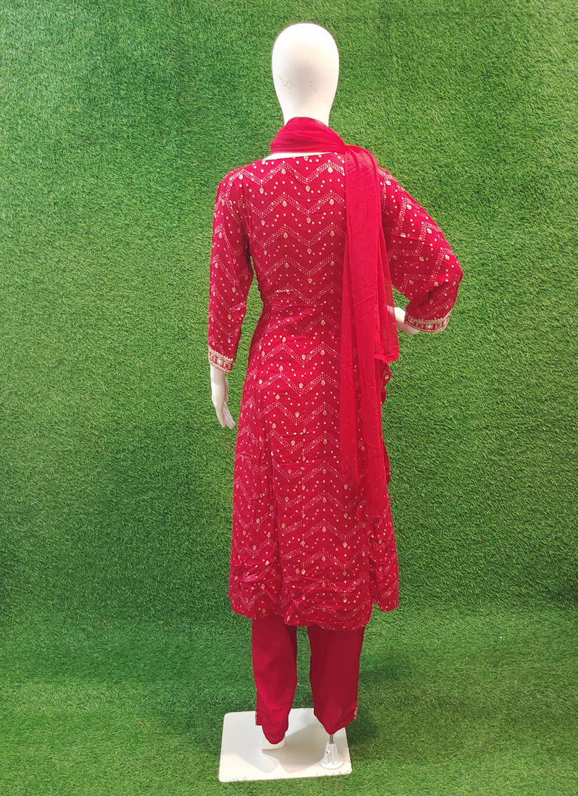 Red Rayon Embroidered Anarkali style Salwar suit