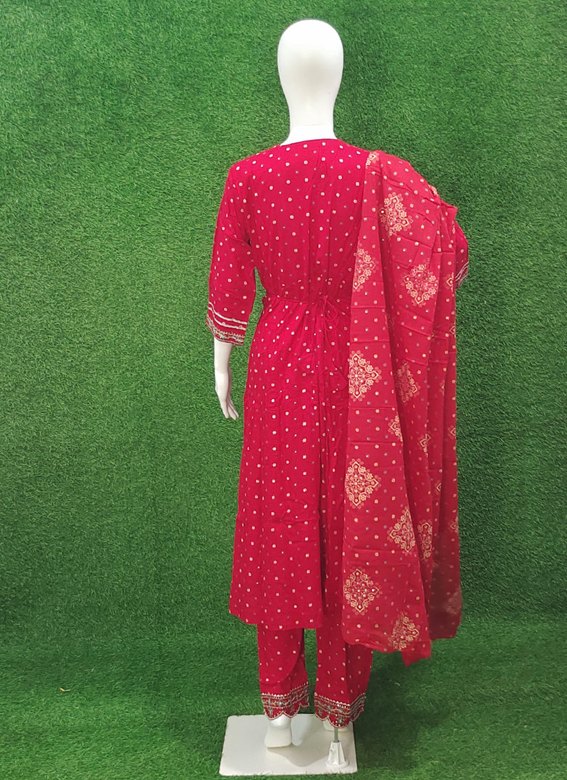 Red Rayon Cotton Anarkali Style Salwar Suit