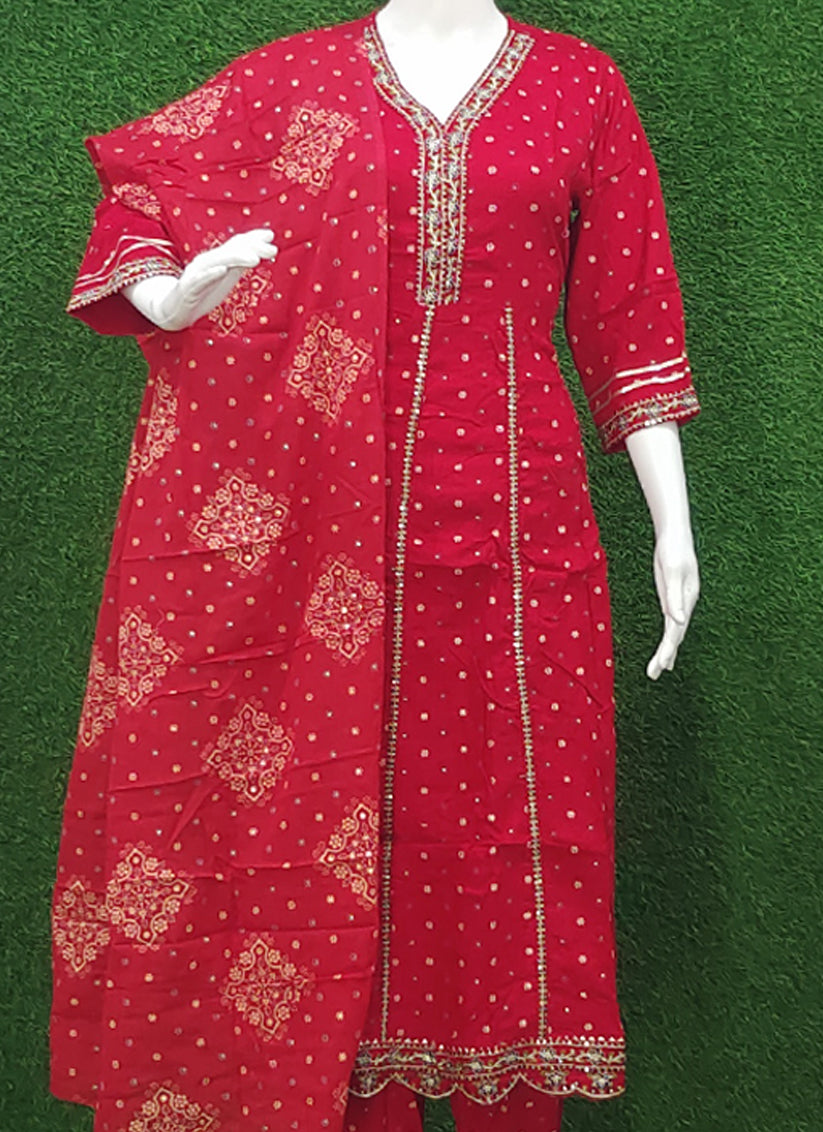 Red Rayon Cotton Anarkali Style Salwar Suit