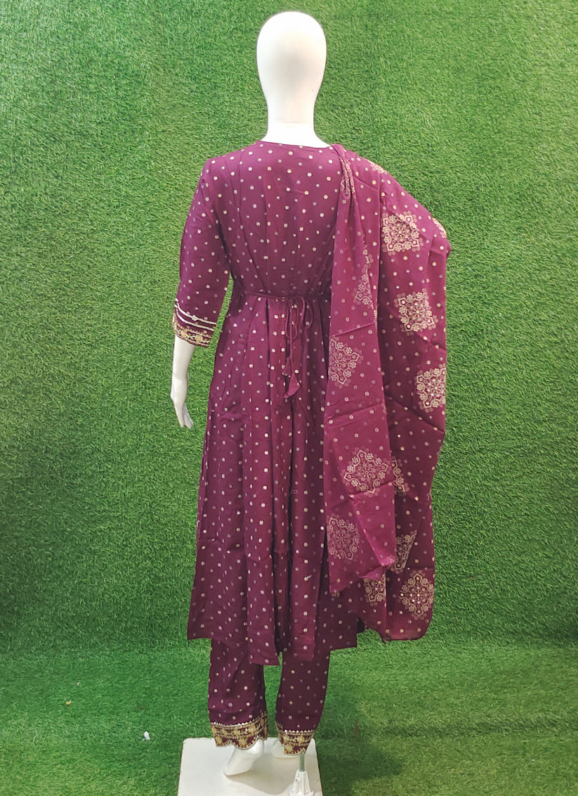 Wine Rayon Cotton Anarkali Style Salwar Suit
