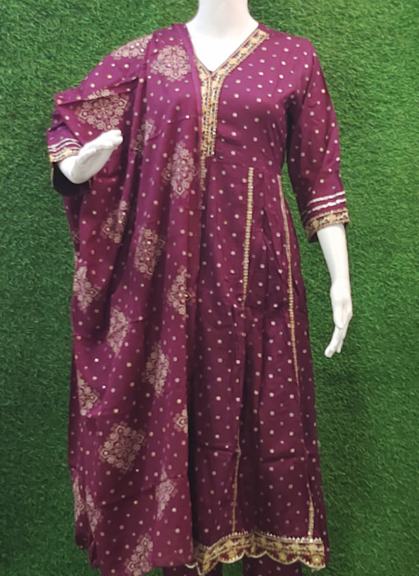 Wine Rayon Cotton Anarkali Style Salwar Suit