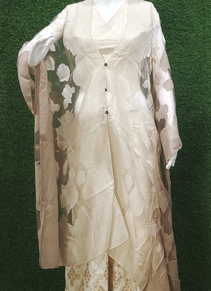 Off White & Beige Cotton Embroidery 3 Piece Indo Western