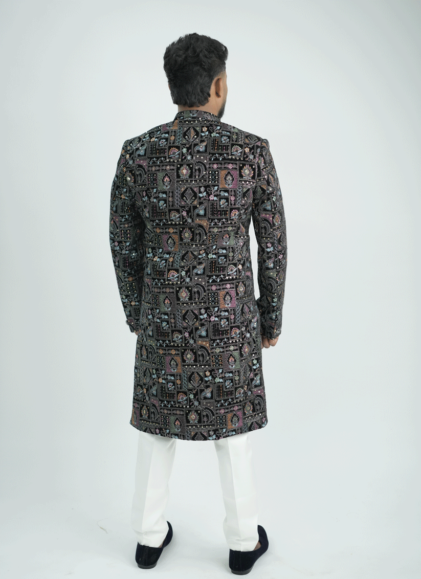 Black Velvet Embroidered Nawabi Set Indo-Western