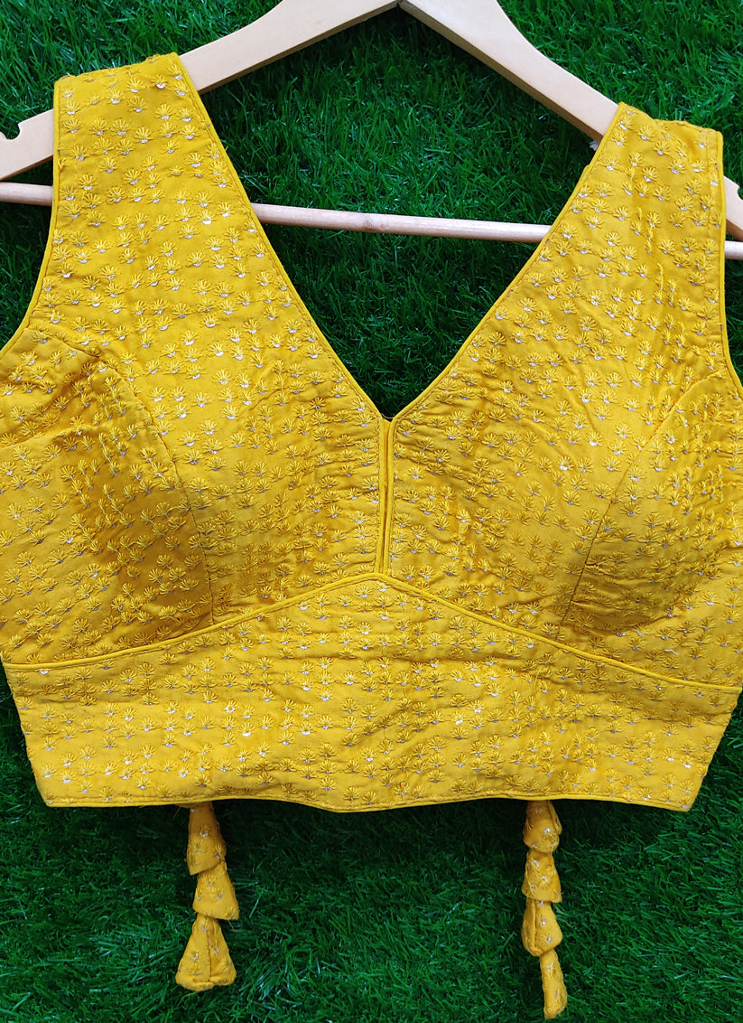 Yellow Raw Silk Embroidered Readymade Padded Blouse