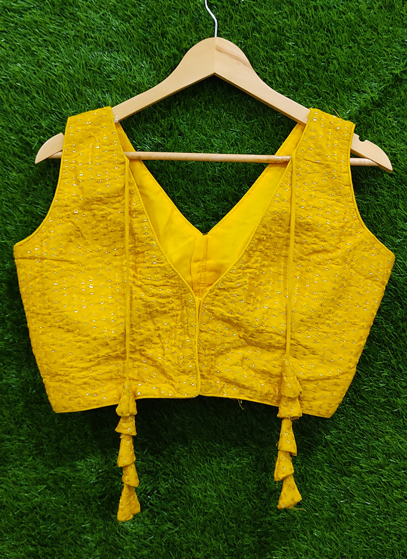 Yellow Raw Silk Embroidered Readymade Padded Blouse