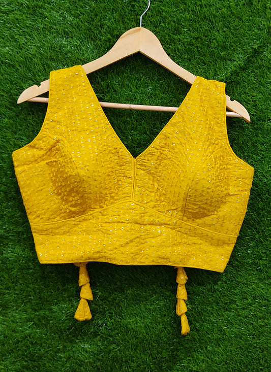 Yellow Raw Silk Embroidered Readymade Padded Blouse
