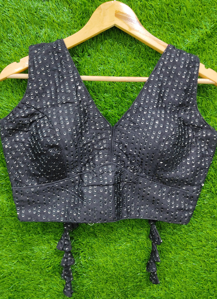 Black Raw Silk Embroidered Readymade Padded Blouse